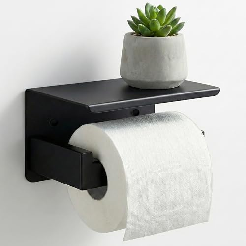 BrightOn® Toilettenpapierhalter mit Ablage, Edelstahl Toilettenrollenhalter zur Wandmontage, Klebe- oder Schraubmontage, Mattschwarz