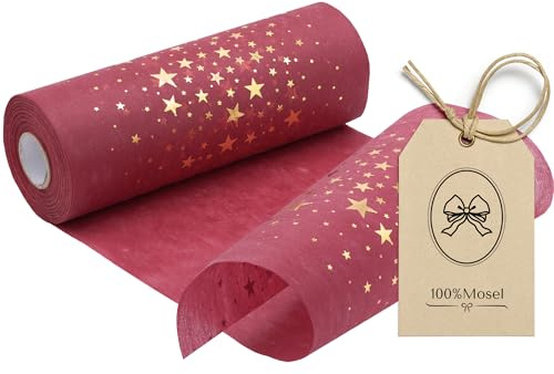 100%Mosel Vlies Tischläufer, in Bordeaux Rot, Sterne in Gold (20 cm x 25 m), dekoratives Tischband, edle Tischdeko für Weihnachten und Advent