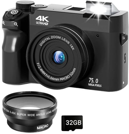 Fotocamera Digitale Zoomix, Fotocamera Digitale 4k da 75 Mp, Zoom Digitale 18x, Compatta, Schermo da 3,0 e Messa a Fuoco Intelligente(Black-Wide-Angle Lens#)