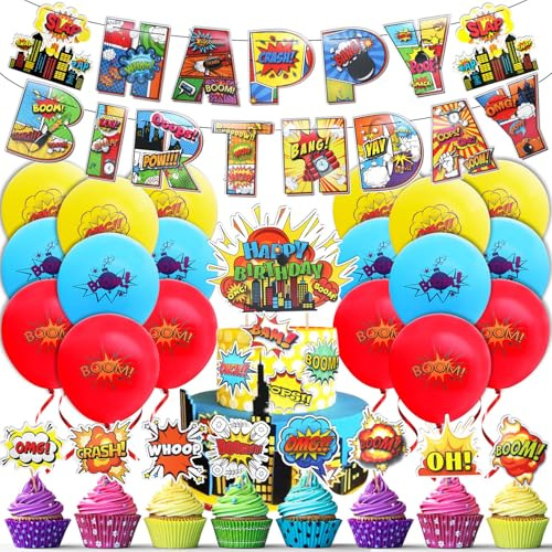 Huaxintoys 32 Stück Städtische Helden Kuchen Dekoration, Städtische Helden Cake Topper, Torten deko Helden, Happy Birthday Banner, Cake Dekorationen und Latex Ballons für Helden Thema Geburtstagsparty