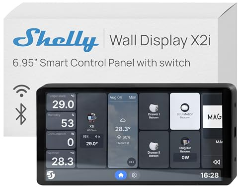 Shelly Wall Display X2i Nero - 6.9 Pannello di Controllo Smart WiFi, Termostato, Relè Integrato 5A, Richiede Neutro, Sensore LUX e Sensore G, Altoparlanti Stereo, Alexa e Google, Home Assistant