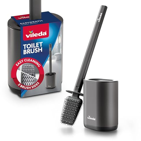 Vileda Silikon Toilettenbürste mit Flexkopf, Edelstahlgriff und Wandhalterung - WC Bürste mit 2-in-1 Reinigungszonen und Abdeckung - Hygienisch Schnelltrocknend Rostfrei - Grau