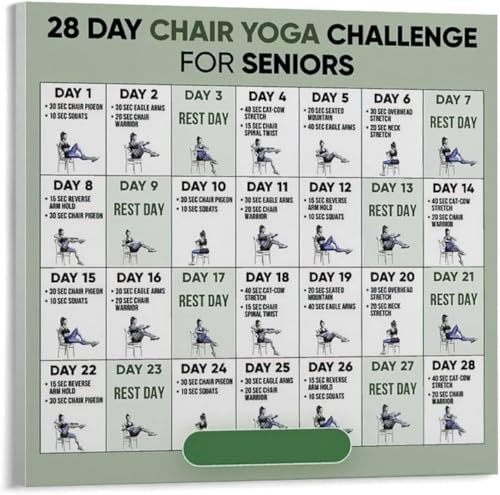 BIANMTSW Senior Chair Yoga Program Poster - 28 Day Illustrated Guide to Improve Mobility & Flexibility, Inspirational Wall Chart for Daily Home Practice Unframed,16x24inch(40x60cm)