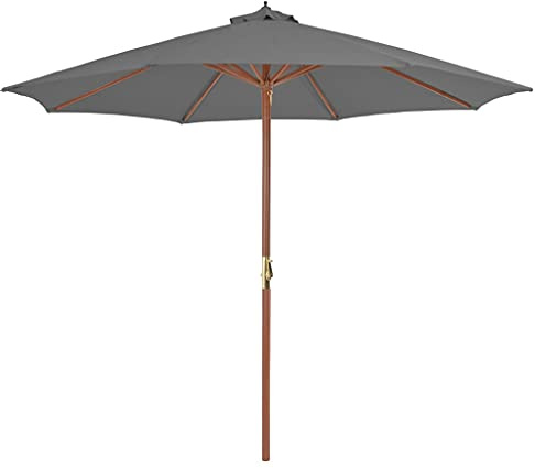 Foknhdi Parasol en bois, 300 cm, anthracite, à manivelle, 8 baleines, anti-UV et polyester, mât de 48 mm, pour terrasse, balcon