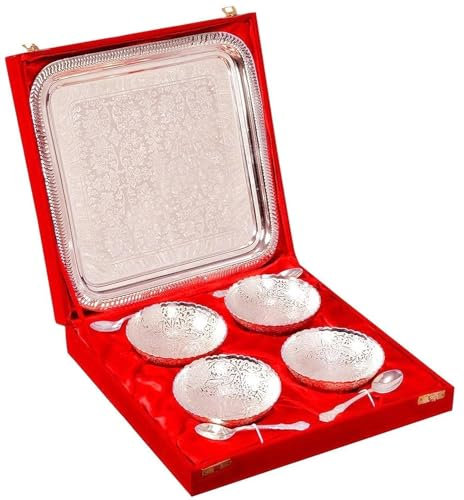 Indian Craft Villa Silver Plated Brass Bowl Set with Tray - Pack of 9