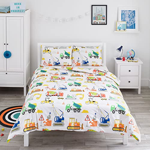 Bloomsbury Mill - Juego de Funda Nórdica Cama 105 para Niños y Niñas - Vehículos de Construcción - Camiones, Excavadoras y Grúas - Juego de Edredón Reversible y 2 Almohadas para Infantil - 200x200 cm
