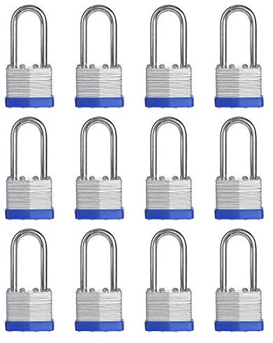 Serrure à clé en acier laminé, corps large de 1-9/16 po, 12 cadenas à clé identique, anse longue (lot de 12)
