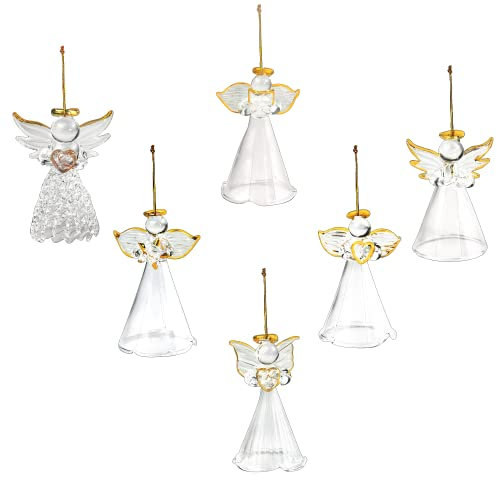4E's Novelty Glasengel für Weihnachtsbaum (24 Stück) – 6,3 cm Mini-Engel in 6 einzigartigen Designs, klare gesponnene Glasornamente für die Weihnachtszeit