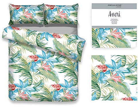 AmeliaHome 3tlg Bettwäsche 200x200 cm mit 2 Kissenbezügen 80x80 cm 100% Baumwolle Reißverschluss Tropical Pflanzen Blätter Palmen grün türkis weiß Averi Tulum