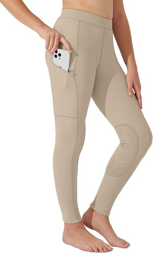 Willit Girls Horse Riding Pants Tights Kids Equestrian Breeches Knee-Patch Youth Schooling Tights Zipper Pockets Khaki S