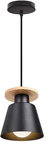 TOKIUS Pendelleuchte Vintage Industrial Hängelampe Holz Metall Lampenschirm E27 Retro Deckenlampe Hängelleuchte für Wohnzimmer Esszimmer (Schwarz, 1 Stück)