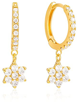 Brandlinger ® Ohrringe hängend. Creolen mit Anhänger Blüte mit Zirkonia Stein. Schmuck Damen vergoldet mit 18 Karat (Silber und Gold) für Frauen und Mädchen. Durchmesser Creolen 14mm. (Gold)