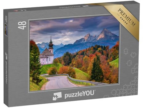 puzzleYOU: Puzzle 48 Teile „Maria Gern Kirche und Watzmann im Herbst, Bayern, Deutschland“ – aus der Puzzle-Kollektion Alpen, Watzmann, Berge & Täler, Bayerische Alpen