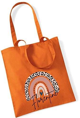 Jutebeutel bedruckt mit Namen & rosa Regenbogen LEO-Print |Stofftasche Baumwolle inkl. Namensaufdruck für Mädchen | Personalisierter Kinderbeutel Tragetasche für Krippe, Kindergarten, Schule orange