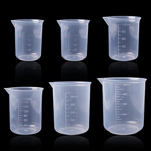 Pinsheng 6 Piezas Vasos Medidores de Plástico 50ml-100ml, Taza Medidora de Silicona Vasos Graduados Plástico Transparente para Cocina y Laboratorio (50ml X 2, 100ml, 150ml, 250mml, 500ml)