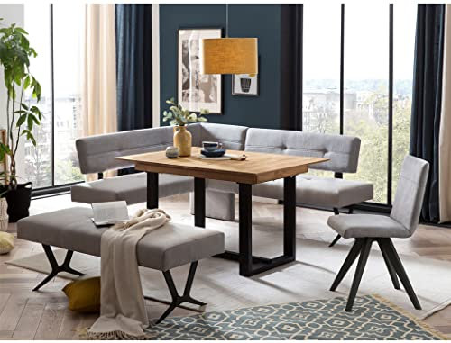 expendio Tischgruppe Esstisch Gunar 1XL 130(180) x90 cm Eiche rustikal massiv + 2X Bank EDA 2 + 1x Stuhl Caja Bezug Kombi Natural Gray, kurzer Schenkel bei Eckbank:Links