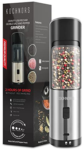Kochnors Moulin à poivre électrique rechargeable par USB avec 6 niveaux de rugosité réglables, moulin à sel et poivre à une main pour cuisine, restaurant et barbecue