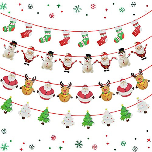 QUCUMER 4 Stück Papier Santa Banner Weihnachten Girland Banner 12M Papier Hängen Banner Weihnachtsmann/Schneemann/Socken/Weihnachtsbaum Christmas Bunting Banner für Weihnachten Neues Jahr Party Deko