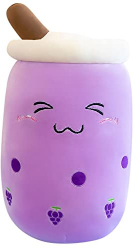 Bubble Tea Plüschtier,24CM Boba Kuscheltier Milchtee Teetasse Kissen Gefüllte Plüsch Spielzeug Obst Komfort PlüschKissen Weiches Schlafkissen Geburtstagsgeschenk für Kinder Erwachsene,Traube Gesicht
