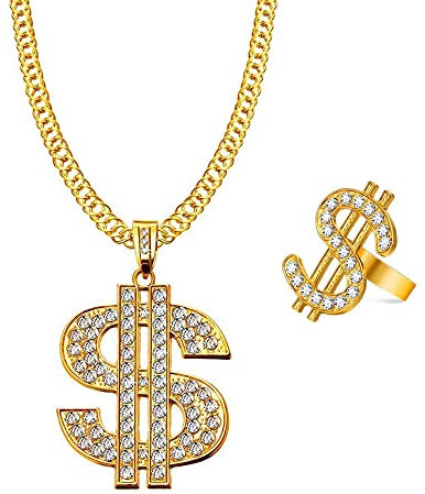 JKJF Dollar Zeichen Halskette Ringe Set Hip Hop Dollar Halskette Halsband 80er 90er Rapper Goldkette für Männer Frauen Mottoparty Karneval Party Cosplay Zubehör - Offener Ring