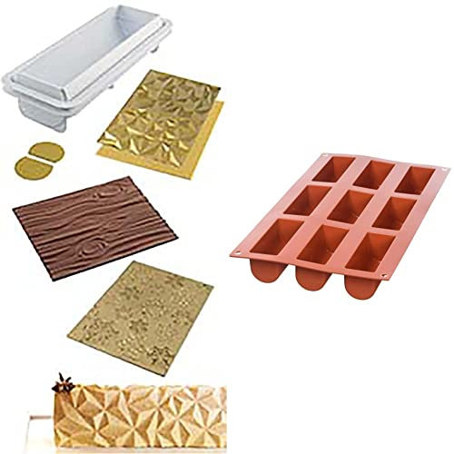 SILIKOMART - KIT DIAMOND + FROZEN + MAGIC WOOD MAT - Set Moule + 4 Tapis en Silicone & SF130 Moule Forme Midi Bûche 9 Cavités Terre Cuite