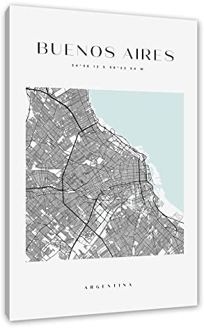 Pixxprint Stadtkarte Eckig - Buenoes Aires als, Größe: 120x80cm, Leinwandbild, fertig gespannt, Wandbild, Dekoration, Kunstdruck, kein Poster