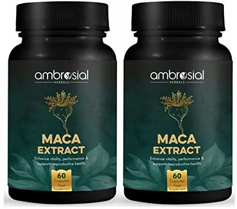 Ambrosial Maca Wurzel Kapseln für Frauen & Männer | Hochfestes 500 mg Maca Pulver pro Kapsel | Unterstützt Aufbau von Ausdauer & Energie (Pack of 2-120 Kapseln)