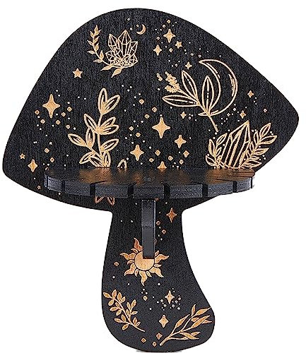 CREATCABIN Kristall-Display-Regal Kristall-Wandregale Pilz Rustikaler Hölzerner Handhalter Schwebende Regale Aufbewahrung Hexensachen Für Steine Edelsteine Meditation Geschenk Schwarz 18x15cm