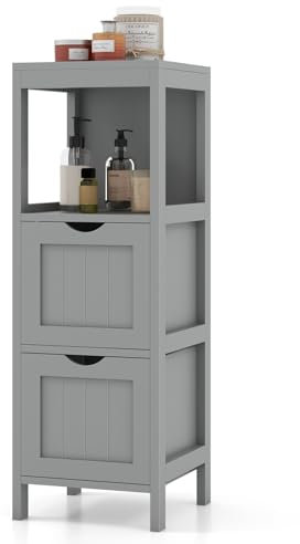 GIANTEX Badezimmerschrank, schmaler Badschrank mit 2 Schubladen & Ablage, 30 x 30 x 90 cm Beistellschrank für Badezimmer, Wohnzimmer & Schlafzimmer, Toilettenschrank platzsparend (Grau)