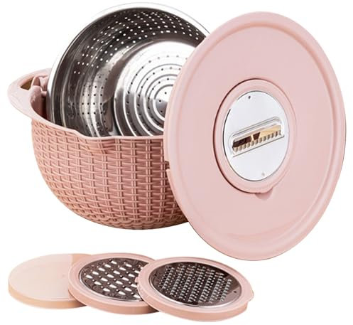 LAANCOO 4-1 Colander with Mixing Bowl Set Stainless Steel Strainers and Colanders with 3 Replaceable Cutters Rice Strainer for Kitchen Veggies Washing, Slicing, Kneading