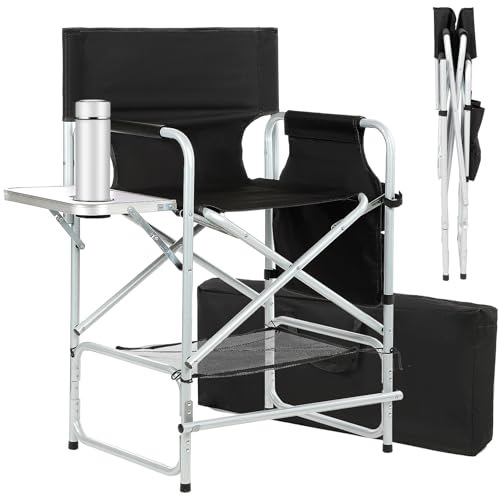 ZIXNEXKOO Tall Makeup Chair 41'', Director Chair 600 lbs Foldable Portable, Makeup Chair for Makeup Artist with Table, Cup Holder, Storage Bag & Footrest