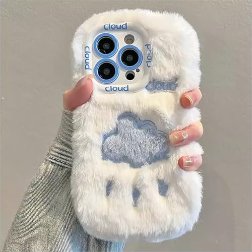 Emlivi Case Compatible with iPhone 15 Pro Max, Plush Case Soft Silicone Mobile Phone Case, Cute Winter Warm Shockproof TPU Protective Case Cute Love Mobile Phone Case for iPhone 15 Pro Max, Blue Cloud