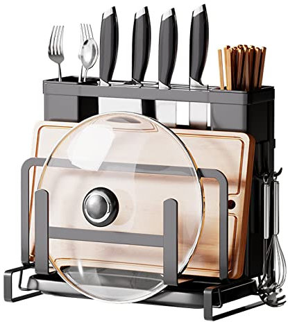 Poggiacoltelli,Porta Tagliere,Portaoggetti per contenitori Montato a Parete,Porta pentole Resistente al Calore,Porta cucchiai da Cucina con portaoggetti,Nero