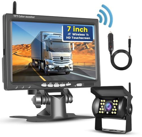 Hikity Rückfahrkamera Kabellos Stabile Signale Rückfahrkamera Funk Set mit 7 Zoll LCD Monitor IP67 Wasserdicht Nachtsicht Wireless Einparkhilfe für LKW Bus Van 12-24V