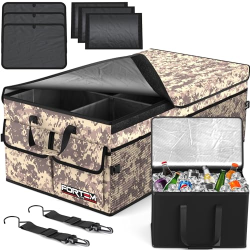 FORTEM Rangement Coffre de Voiture, Pratique et Spacieux, Boite Rangement voiture interieur pliable, Organisateur de Coffre Fond Antidérapant, Sangles de Sécurité et couvercle souple, Car Accessories