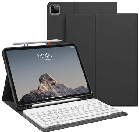 JKSML Hülle für iPad Pro 11 Zoll 4. / 3. / 2. Generation (2022,2021,2020) Mit Stifthalter, Abnehmbare Bluetooth Tastatur | Weiche TPU-Schutzhülle Mit QWERTZ Tastatur für iPad Pro 11-Schwarz
