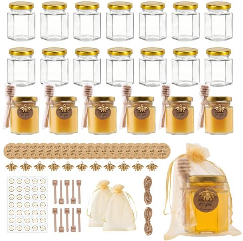 SZUAH 20 Pack 3 oz Mini Honey Jars with Dipper, Glass Hexagon Honey Jar for Wedding Favors, Empty Glass Jars for Party Favor