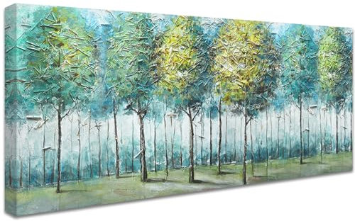 HALFLEMART Mit Rahmen Leinwand Bilder Blau Grün Waldbaum Leinwandbilder Bild auf Leinwand Malerei Poster Abstrakt Landschaft Bild Wandbilder Heim Wohnzimmer Schlafzimmer Wanddekoration 50x120cm