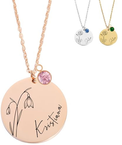 XELLENZ - Halskette Damen mit Gravur & Geburtsstein | Namenskette mit Blume – Schmuck Geschenk für Frauen, beste Freundin, Mama, personalisierte Geschenke für Geburtstag & Weihnachten