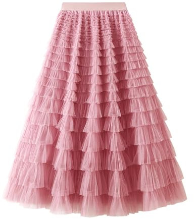 kinstell Jupe tutu longue en tulle pour femme - Ligne A - Taille élastique, b-rose, taille unique