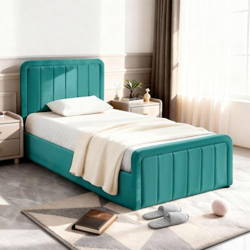 Comfy Living 3ft Single Ottoman Bed Frame with Gas Lift Storage, Crush Velvet Upholstered Bed Frame with Headboard and Wooden Slat Support,Green