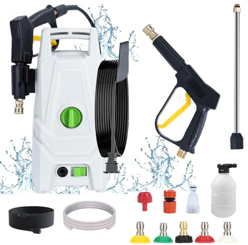 Shienfir Electric Pressure Washer, 100BAR 8L/min Power Washer with 1x 7M Water Outlet Pipe,1x 2M Water Inlet Pipe,1400W High Pressure Washer Electric Powerd Car Cleaning for Garden, Patios White
