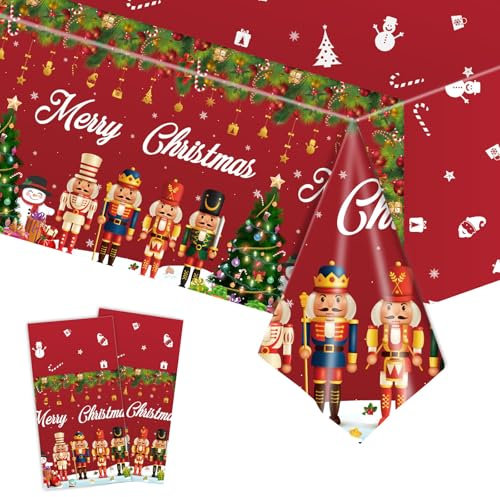 COSORO 2 Pièces Nappe Plastique Rectangulaire Anti Tache Noël,137*274cm Nappe de Table Rouge Casse-Noix Grand Imperméables Extensible,Nappes Lavable pour Décoration de Table Dîner Fête de Noel