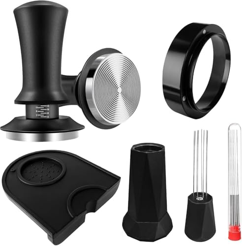 Kaffee Tamper 53 mm Set, Professionelles Espresso Tamper Druckregulierender | mit WDT Werkzeug, Dosierring 53 mm, Tampermatte, 304 Edelstahl Kaffeestampfer Tamper mit Skaleneinstellung