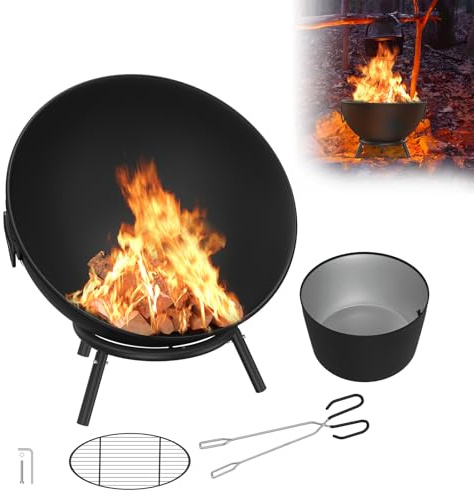 UISEBRT Runde Feuerschale 60 cm aus Stahl tragbare Feuerstelle mit Holzrost und Zubehör ideal für Garten Terrasse Camping Outdoor Feuerwanne