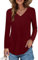 Elesomo Ladies T Shirts Long Sleeve V Neck Plain Basic Cotton Tee Tops, Burgundy S