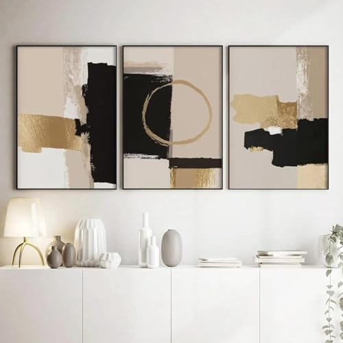 YLHKME Abstraktes Beige Gold Schwarz Bilder Liniengeometrie Leinwandbilder Poster WandBilder Leinwand,für Wohnzimmer Schlafzimmer Wohnkultur Deko (Ungerahmt,3X60X90CM)