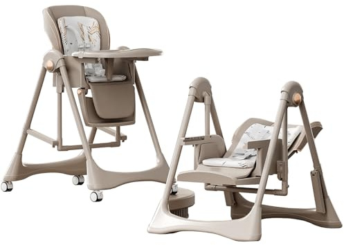 Prokoke PU-Leder Kinderhochstuhl, Schaukel & Babyfütterungs Doppelmodus, Zusammenklappbar und Umbaubar Kleinkinderhochstuhl mit Einstellmöglichkeiten, Rädern, Abnehmbarem Doppeltablett (8121 Khaki)