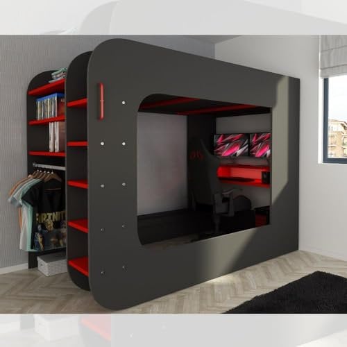 Letto a soppalco con postazione Gamer Colore Antracite Rosso 5000