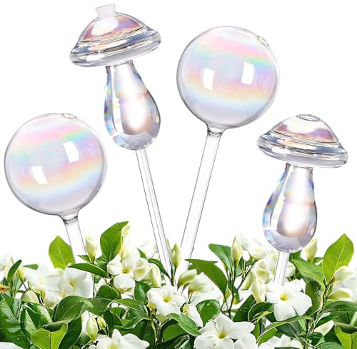 4 Stück Bewässerungskugeln Glas, Bunte Wasserspender Pflanzen Bewässerung, Bewässerungskugeln Pflanzenbewässerung Indoor, Bewässerungskugel Pflanzen Bewässerung im Urlaub (2 Kugeln 2 Pilze)